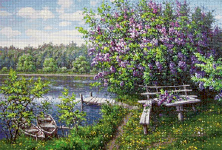 пейзаж с сиренью - пруд, природа, пейзаж, картина - предпросмотр