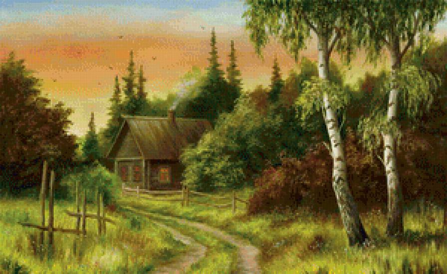 деревенский пейзаж, закат - пейзаж, лес, природа, картина - предпросмотр