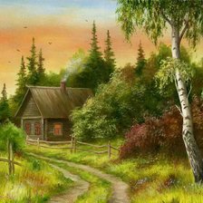 Схема вышивки «деревенский пейзаж, закат»