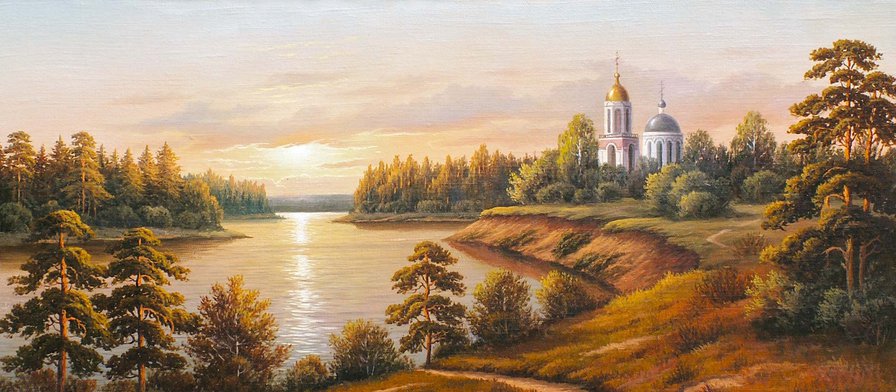 осенний закат - осень, храм, картина, пейзаж - оригинал