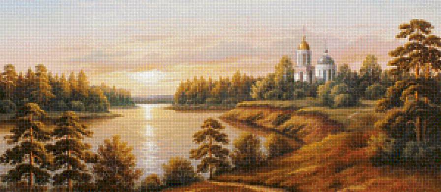 осенний закат - храм, осень, пейзаж, картина - предпросмотр