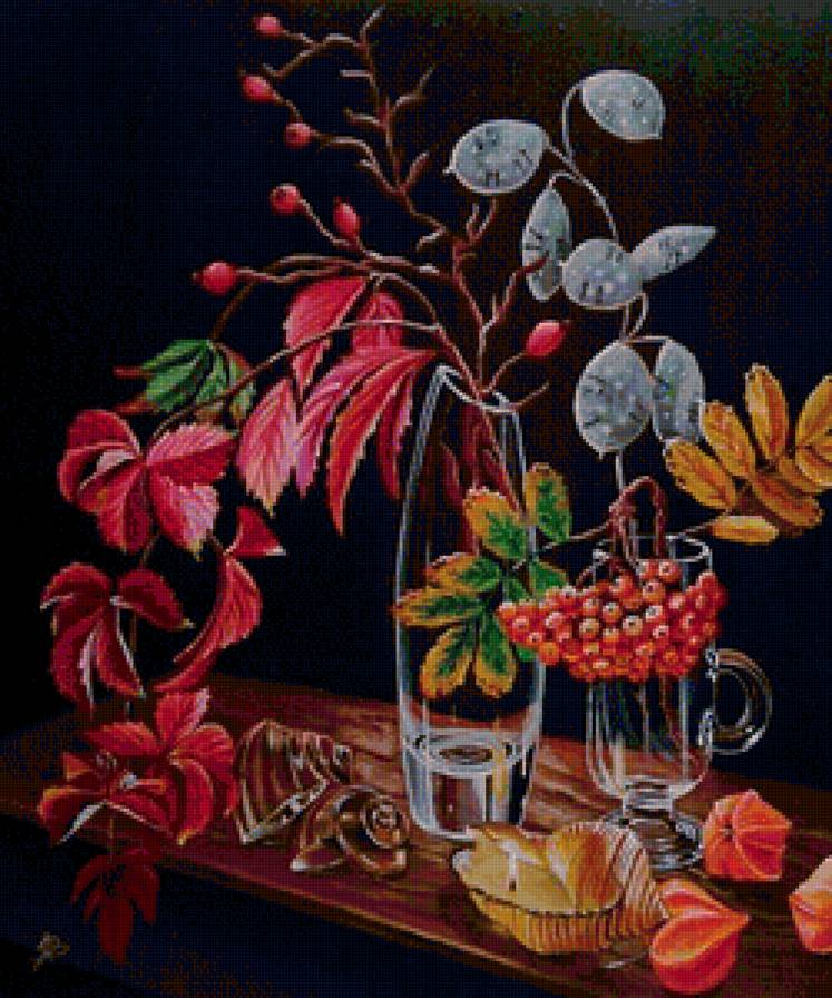 Натюрморт - ракушки, натюрморт, цветы, ваза, рябина, свеча, листья - предпросмотр