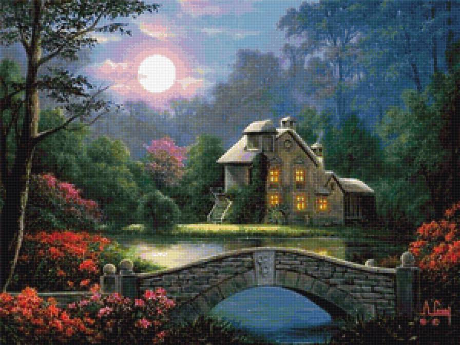 домик у реки - вечер, пейзаж, природа, речка, цветы, дом, лето, домики - предпросмотр