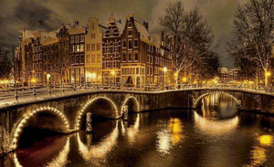 Ночной город - ночь, город, пейзаж, река, мост - предпросмотр