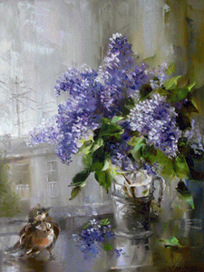 воробей с букетом сирени - цветы, птицы - предпросмотр