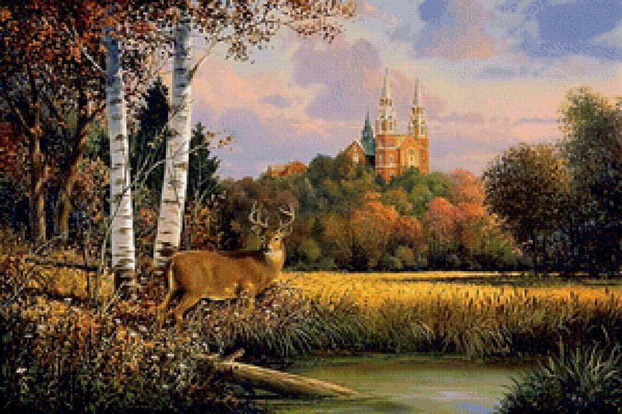 пейзаж - олени, пейзаж, пруд, лес, природа - предпросмотр