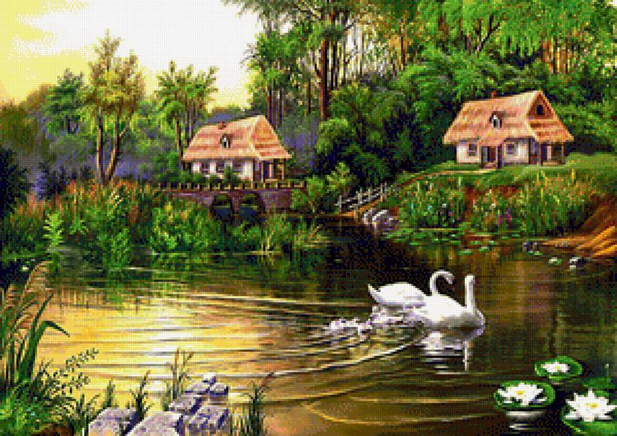 лебединый пруд - пейзаж, лебеди - предпросмотр