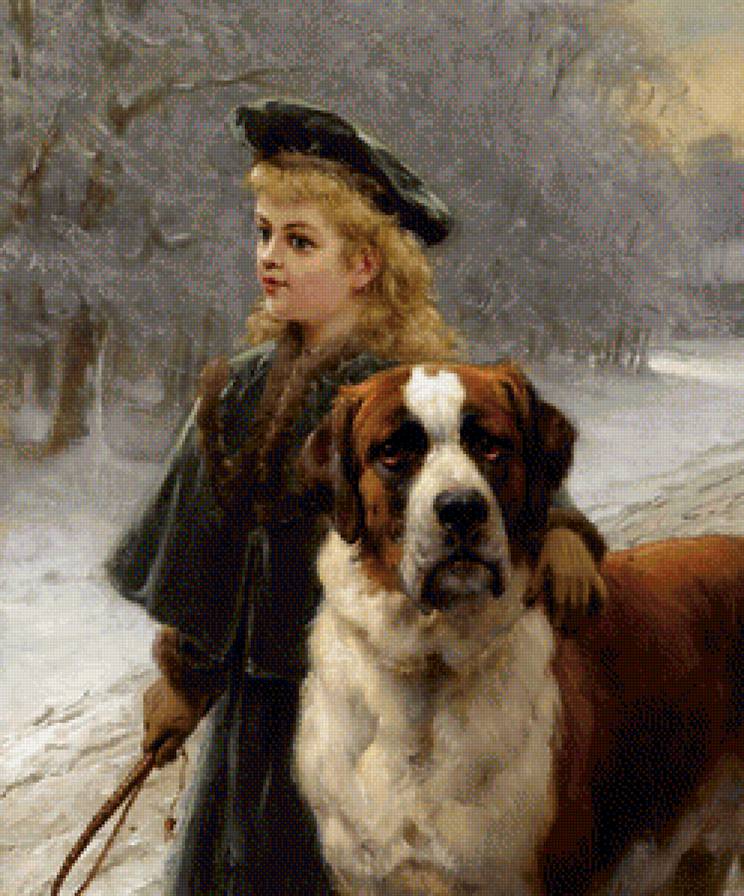 друзья - собаки, люди, картина, зима - предпросмотр