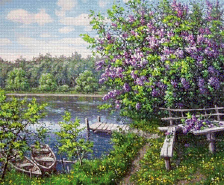 пейзаж с сиренью - пейзаж, пруд, природа, сирень, картина - предпросмотр