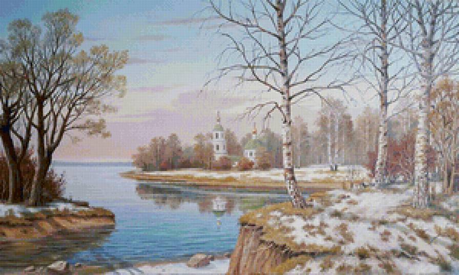 Весенний пейзаж - река, природа, березы, пейзаж, весна, церковь, весенний пейзаж, берег - предпросмотр