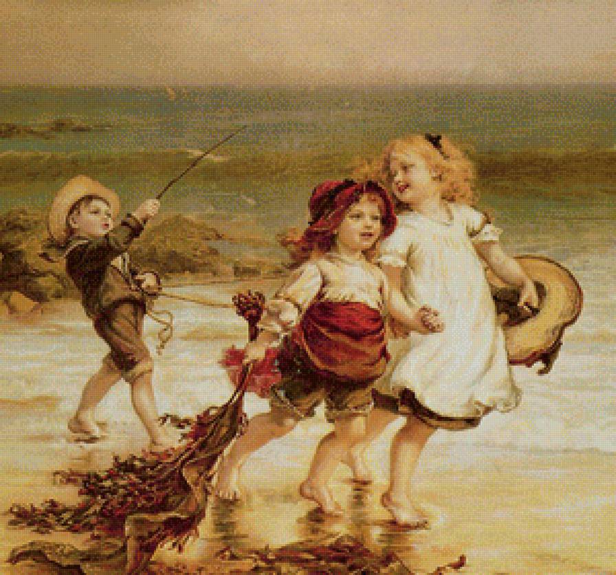 Игры у моря - пейзаж, море, люди, картина - предпросмотр