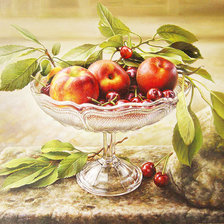 Схема вышивки «Натюрморт с персиками и черешней»