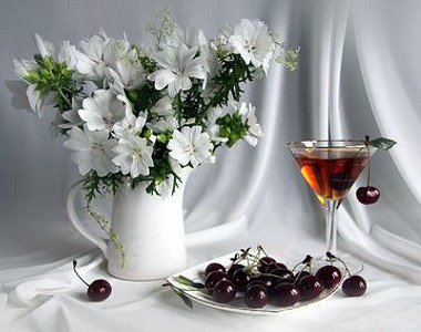 Натюрморт - цветы, вино, бокал, натюрморт, вишня - оригинал