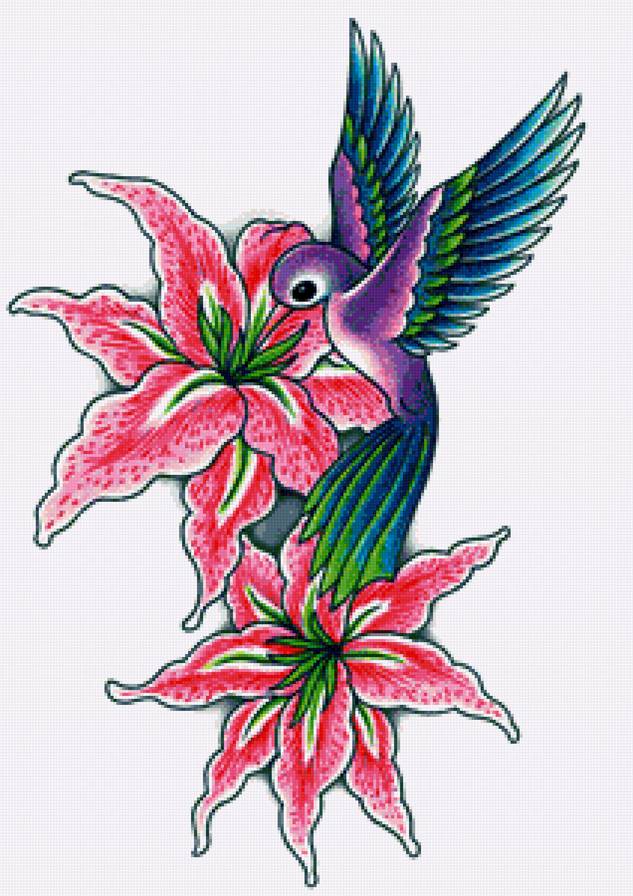 Лилии и птичка - цветы, колибри, птицы, лилии - предпросмотр