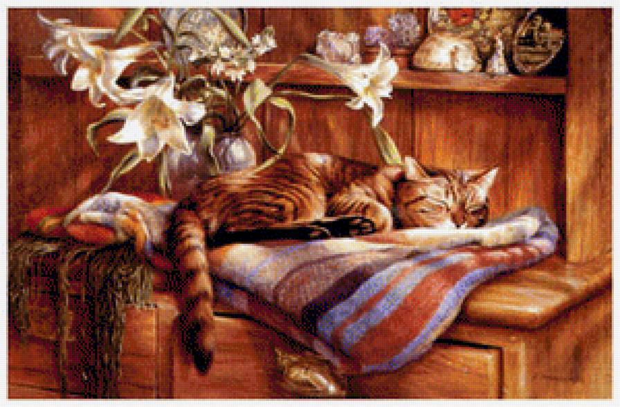 спящий кот - кошки, натюрморт, цветы - предпросмотр