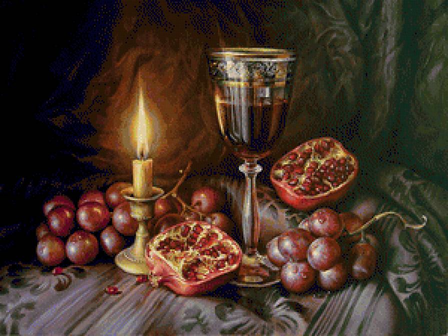 натюрморт - натюрморт, свеча, виноград - предпросмотр