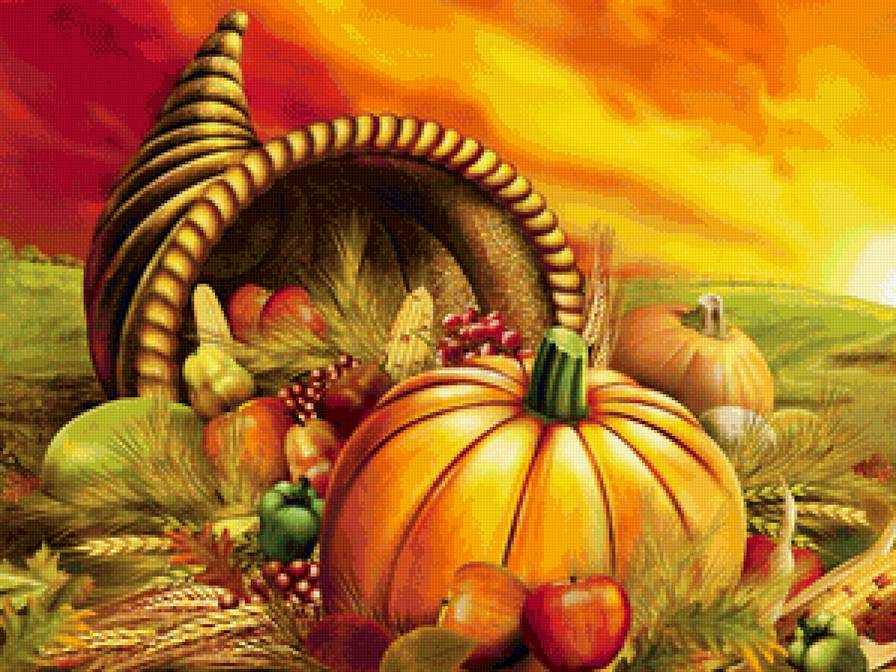 Рог изобилия - богатый урожай, яблоки, тыква, для кухни, живопись, кукуруза, колоски - предпросмотр