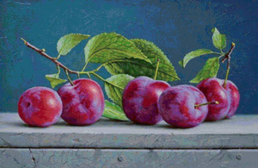 Натюрморт со сливами - сливы, панель, фрукты, для кухни, листья, богатый урожай, натюрморт - предпросмотр