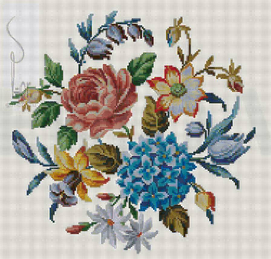 старинный рисунок - цветы, подушка - предпросмотр