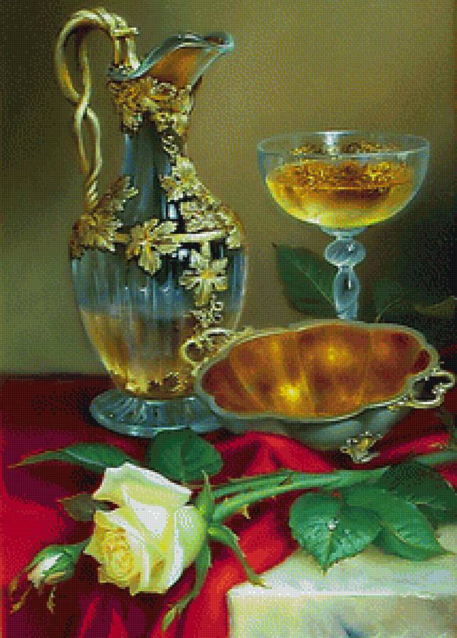 натюрморт с розой - вино, роза, кувшин - предпросмотр