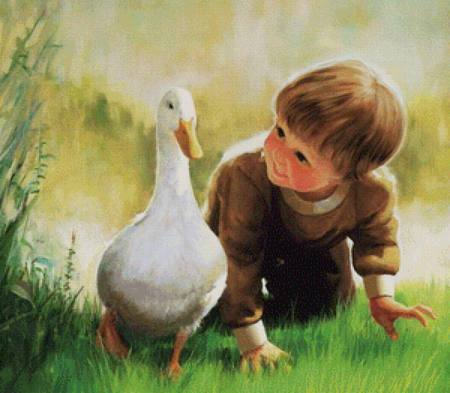 на прогулке - картина, люди, птицы, природа - предпросмотр