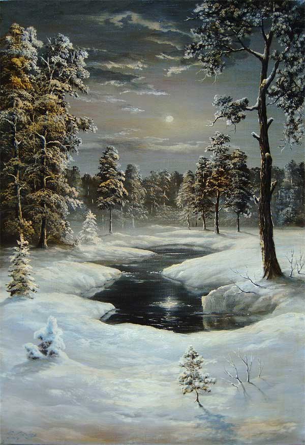 Зимний вечер - зима, пейзаж - оригинал