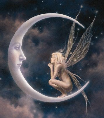 эльф на луне - эльф, месяц, ночь, звезды, фея - оригинал