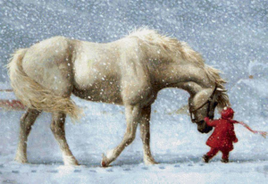 А снег идет... - зима, лошади, картина, дети, природа - предпросмотр