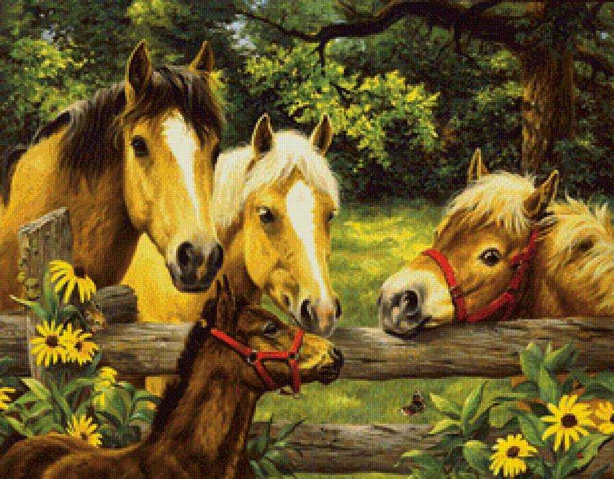 молодые лошадки - лошади, лето, картина, природа - предпросмотр