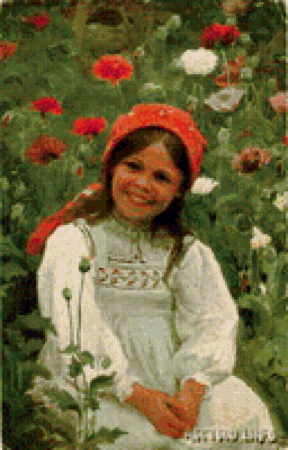 Федот Сычков. Девочка. - вышивка крестом, пионы, красивые вышивки - предпросмотр