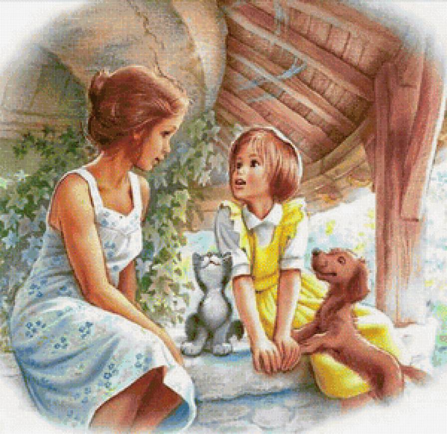 Семья - природа, картина, собаки, дети - предпросмотр