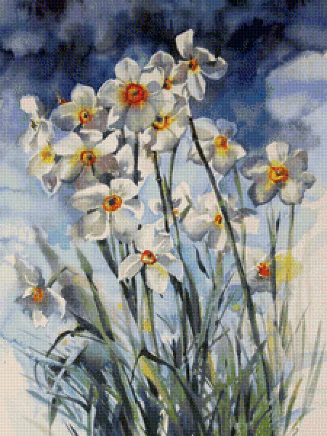 полевые цветы - ветер, живопись, цветы, природа, картина, нарциссы - предпросмотр