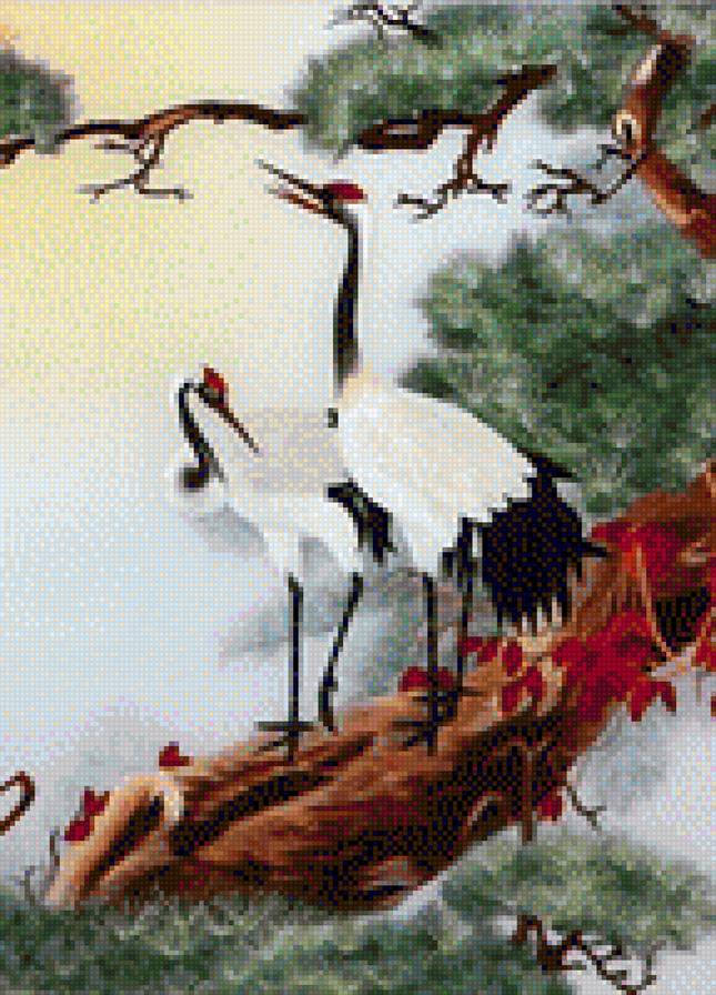 Пара журавлей на ветке сосны - здоровье, фен-шуй, журавли - предпросмотр