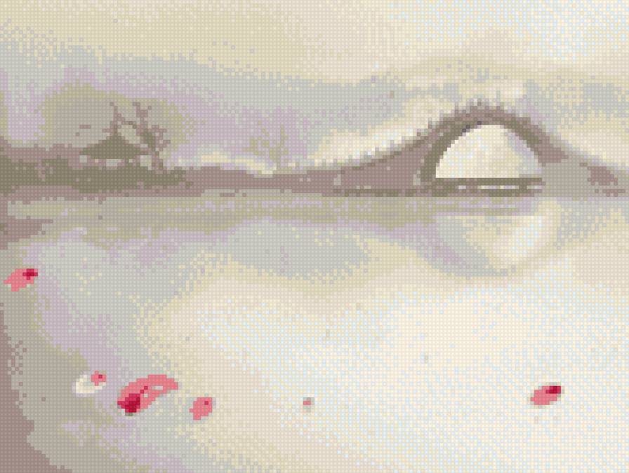 сакура над рекой1 - сакура, река, мост, триптих - предпросмотр