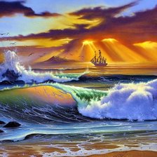 Схема вышивки «море, шхуна и волна»