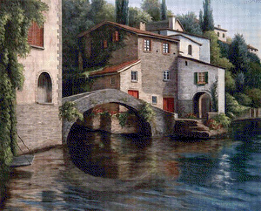 Пейзаж - море, пейзаж, картина, дома - предпросмотр