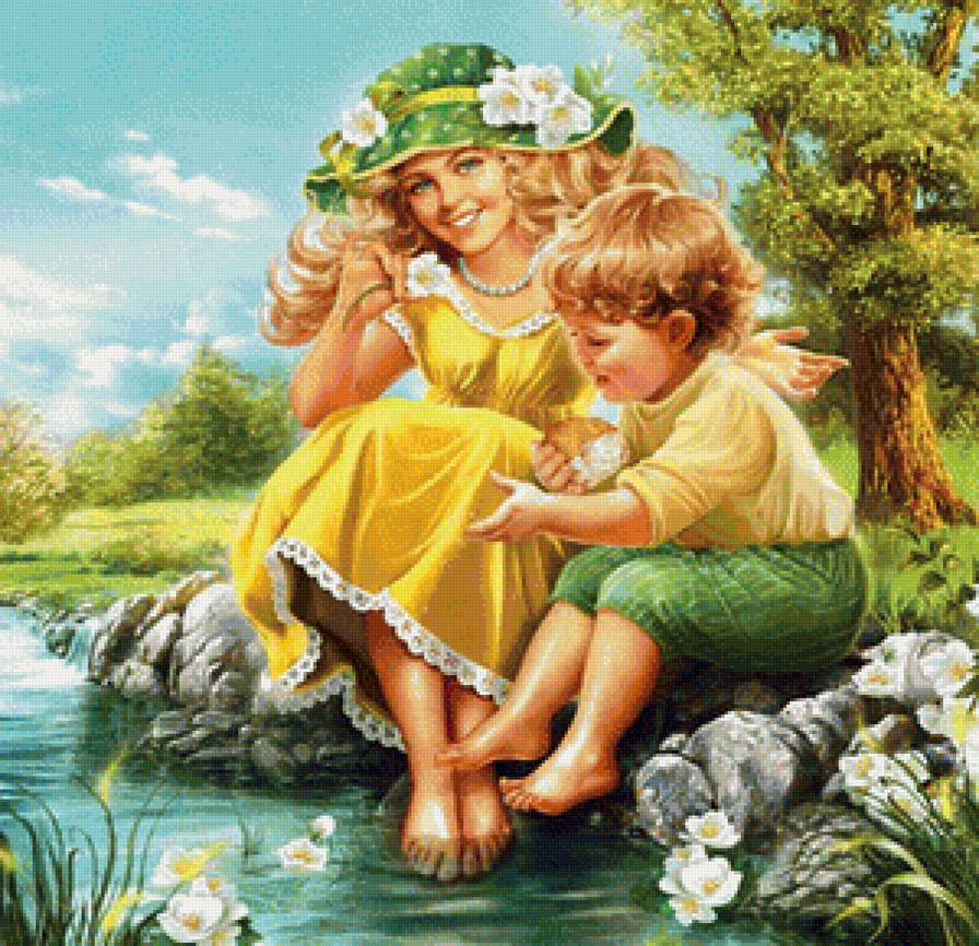 У ручья - люди, картина, вода, природа - предпросмотр