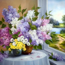 Схема вышивки «Сирень и одуванчики у окна»