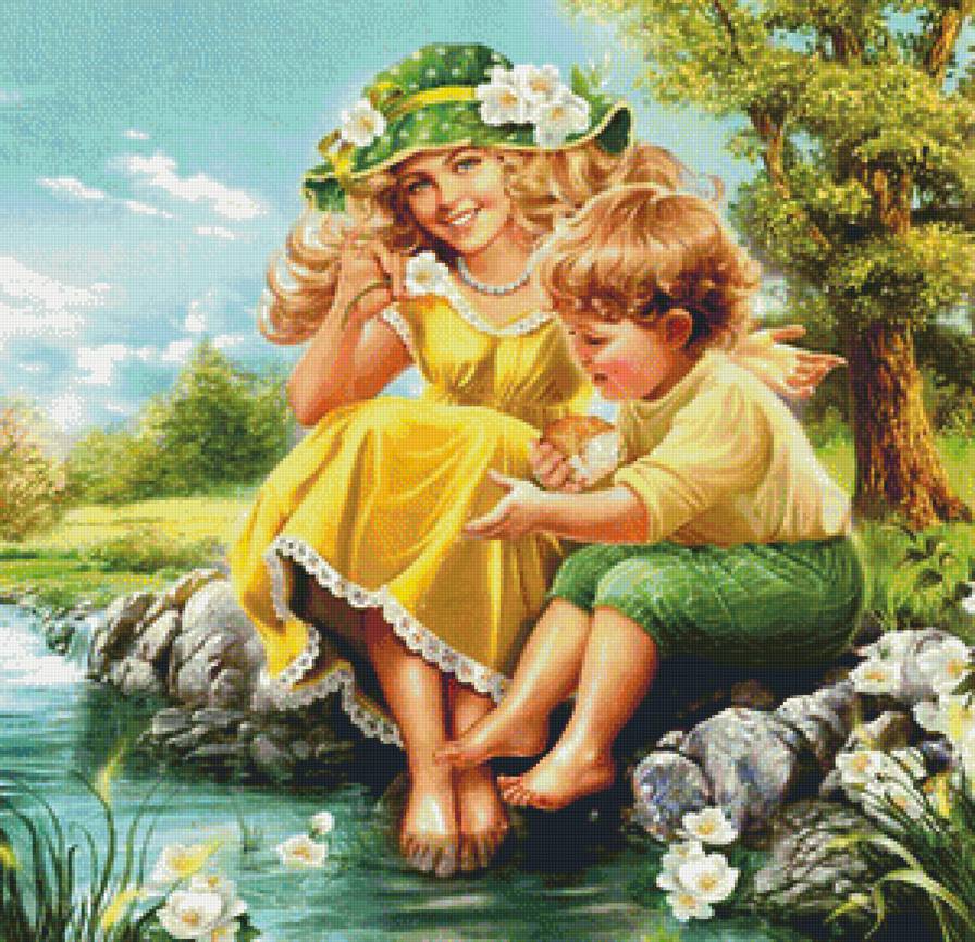 У ручья - природа, вода, картина, люди - предпросмотр