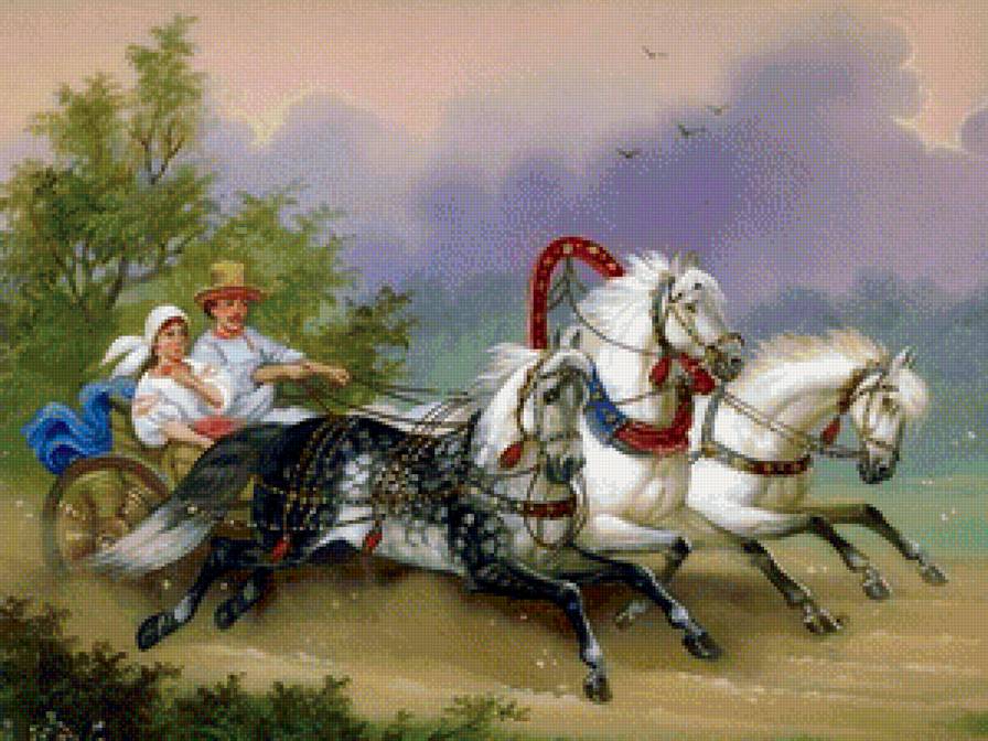 Федоскинская роспись - лошади, картина, люди - предпросмотр