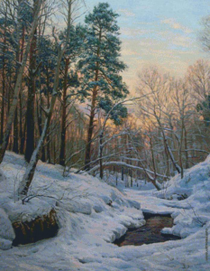 Зимний вечер у ручья - пейзаж, лес, зима - предпросмотр