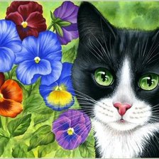 Схема вышивки «Котик и анютины глазки»