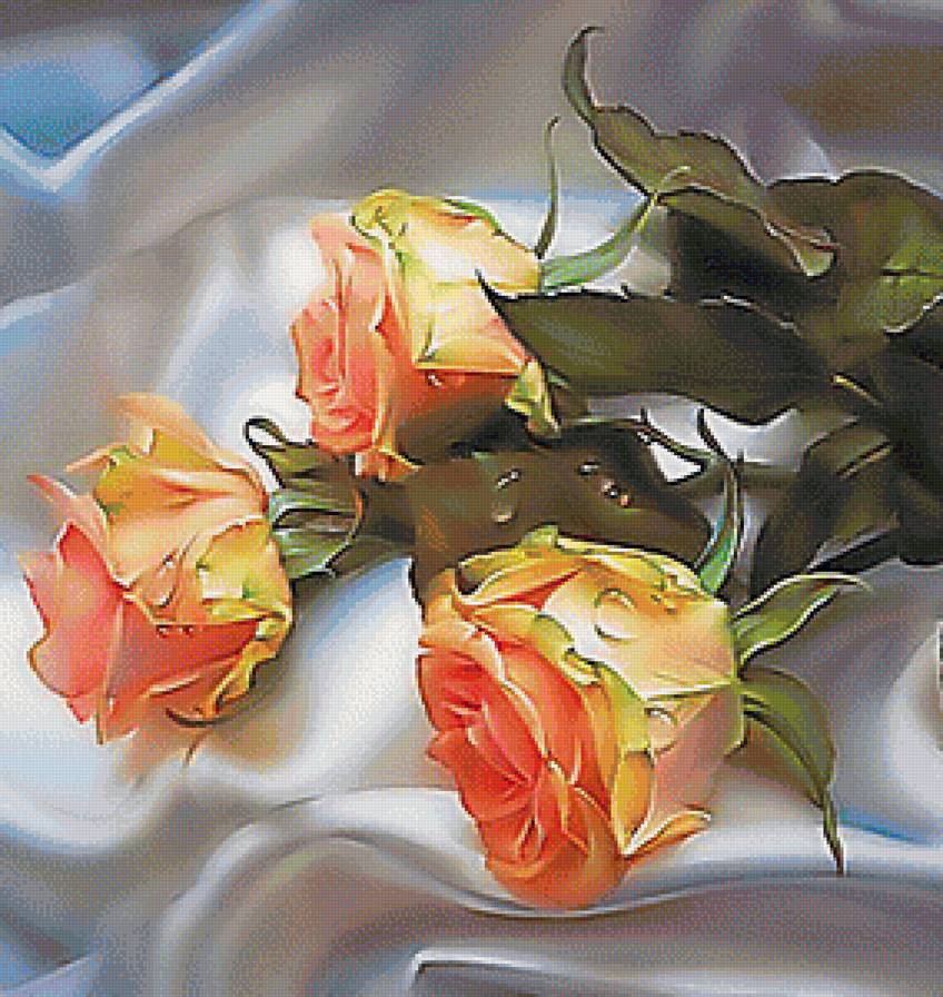 розы на шелке - цветы, букет, роса, розы - предпросмотр