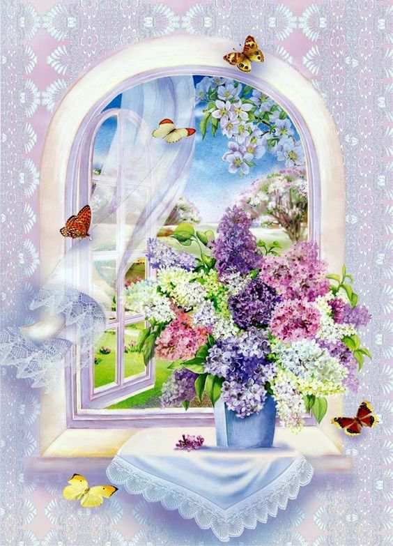 весна в окно стучится - бабочки, сирень, весна, окно - оригинал