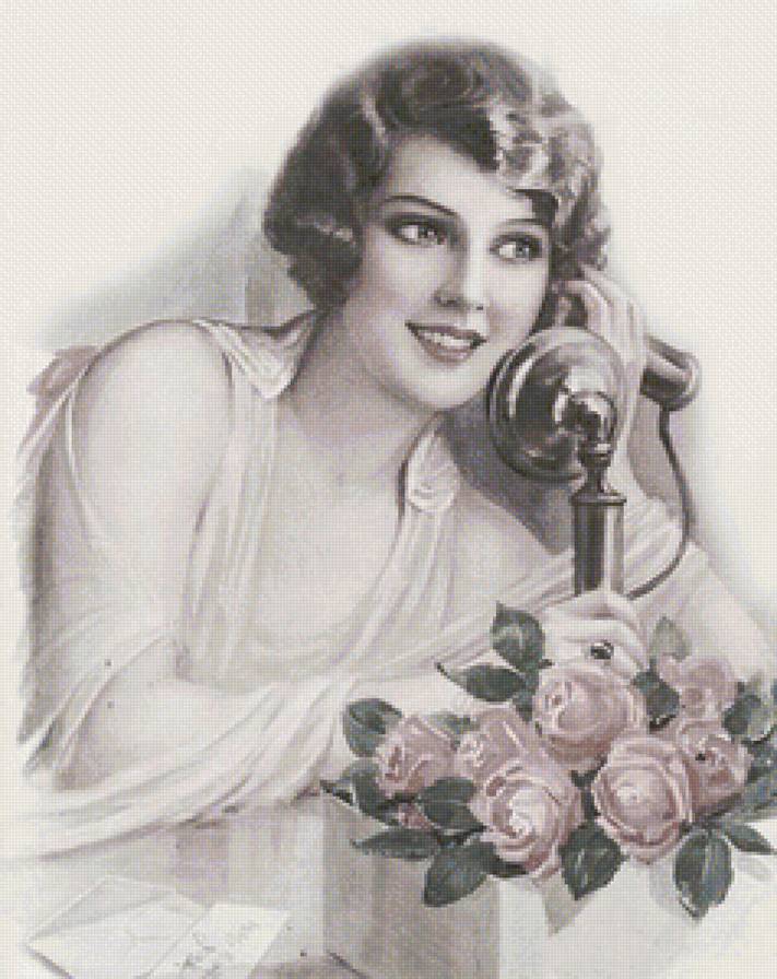 ретро - девушка, розы, телефон - предпросмотр