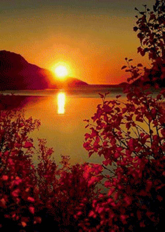 закат на озере - природа, закат, озеро, солнце, кусты - предпросмотр