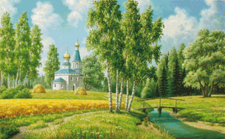 Родные просторы - церковь, поле, березы, лес, мостик, сосны, лето, летний пейзаж, река, ели - предпросмотр
