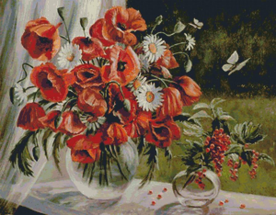 Маки на окне - флора, натюрморт, маки, цветы, букет - предпросмотр