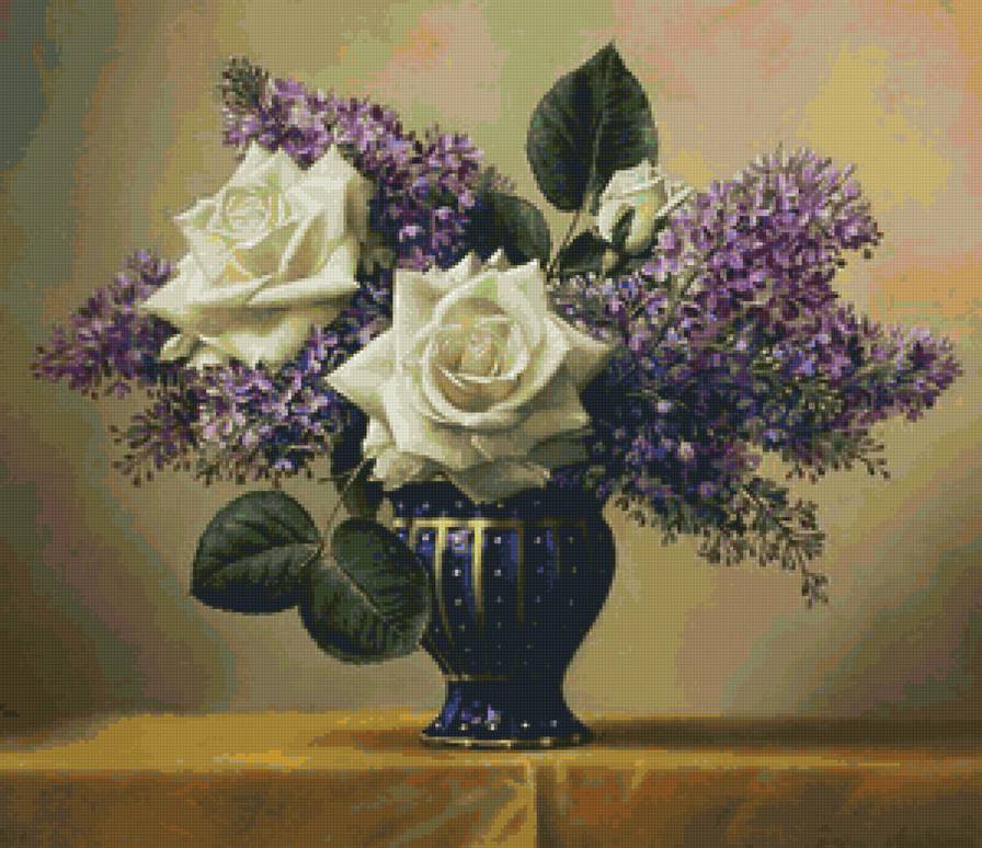 сирень и розы - цветы, розы, натюрморт, букет, сирень - предпросмотр