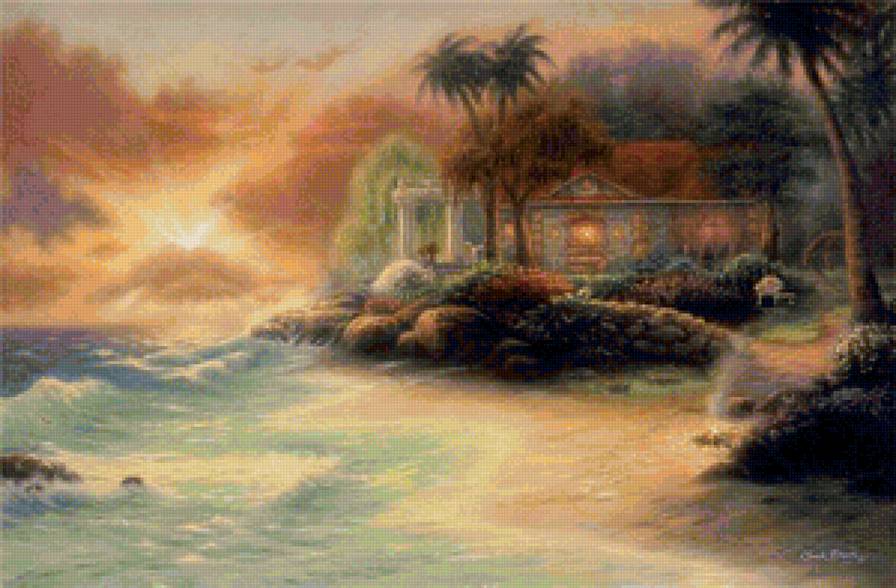 Закат - пейзаж, дом, вода, цветы - предпросмотр